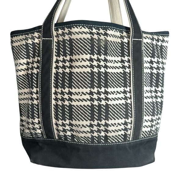 Lands’ End Large Canvas Tote Bag Black White Plaid Houndstooth Shoulder Carryall - Picture 4 of 15